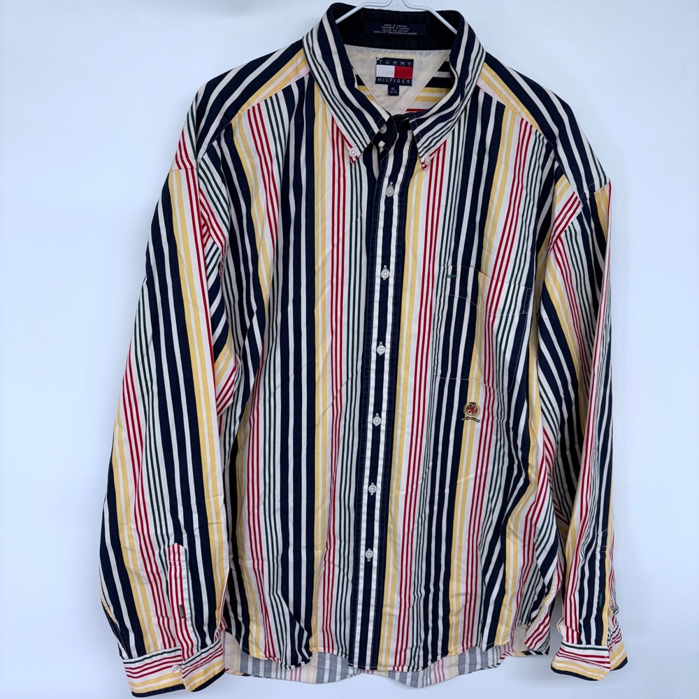 Vintage 90s Tommy Hilfiger Striped Button Up Shirt XL Colorful Multicolor Mens - Picture 2 of 7